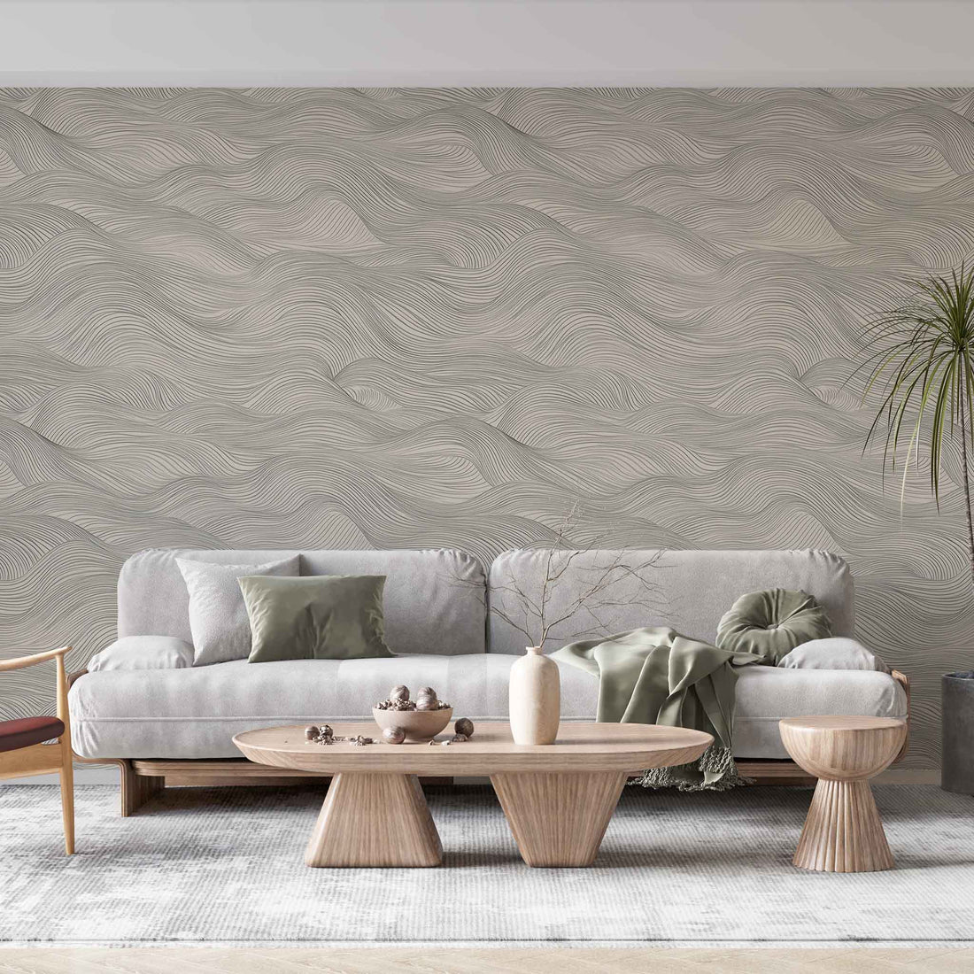 peel and stick wallpaper Neutral Gray Coastal Wave Wallpaper Line Wall Mural YDT-04050