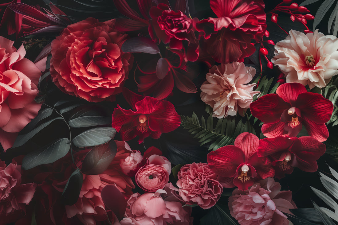 Red Floral Wallpaper 3D Realistic Roses, Orchids Wall Art YF-30027