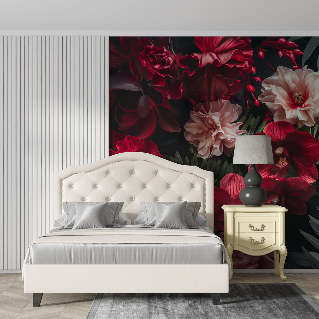 Red Floral Wallpaper 3D Realistic Roses, Orchids Wall Art YF-30027