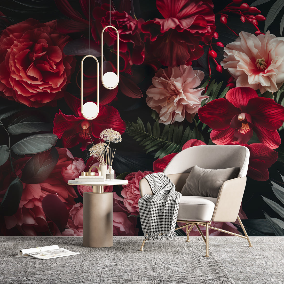 Red Floral Wallpaper 3D Realistic Roses, Orchids Wall Art YF-30027