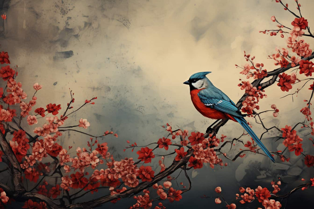 Red Floral Wallpaper, Bird Tree Wall Mural, Vintage Wallpaper YF-02538