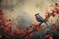 Red Floral Wallpaper, Bird Tree Wall Mural, Vintage Wallpaper YF-02538