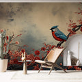 Red Floral Wallpaper, Bird Tree Wall Mural, Vintage Wallpaper YF-02538