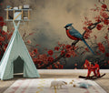 Red Floral Wallpaper, Bird Tree Wall Mural, Vintage Wallpaper YF-02538
