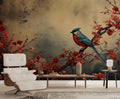 Red Floral Wallpaper, Bird Tree Wall Mural, Vintage Wallpaper YF-02538