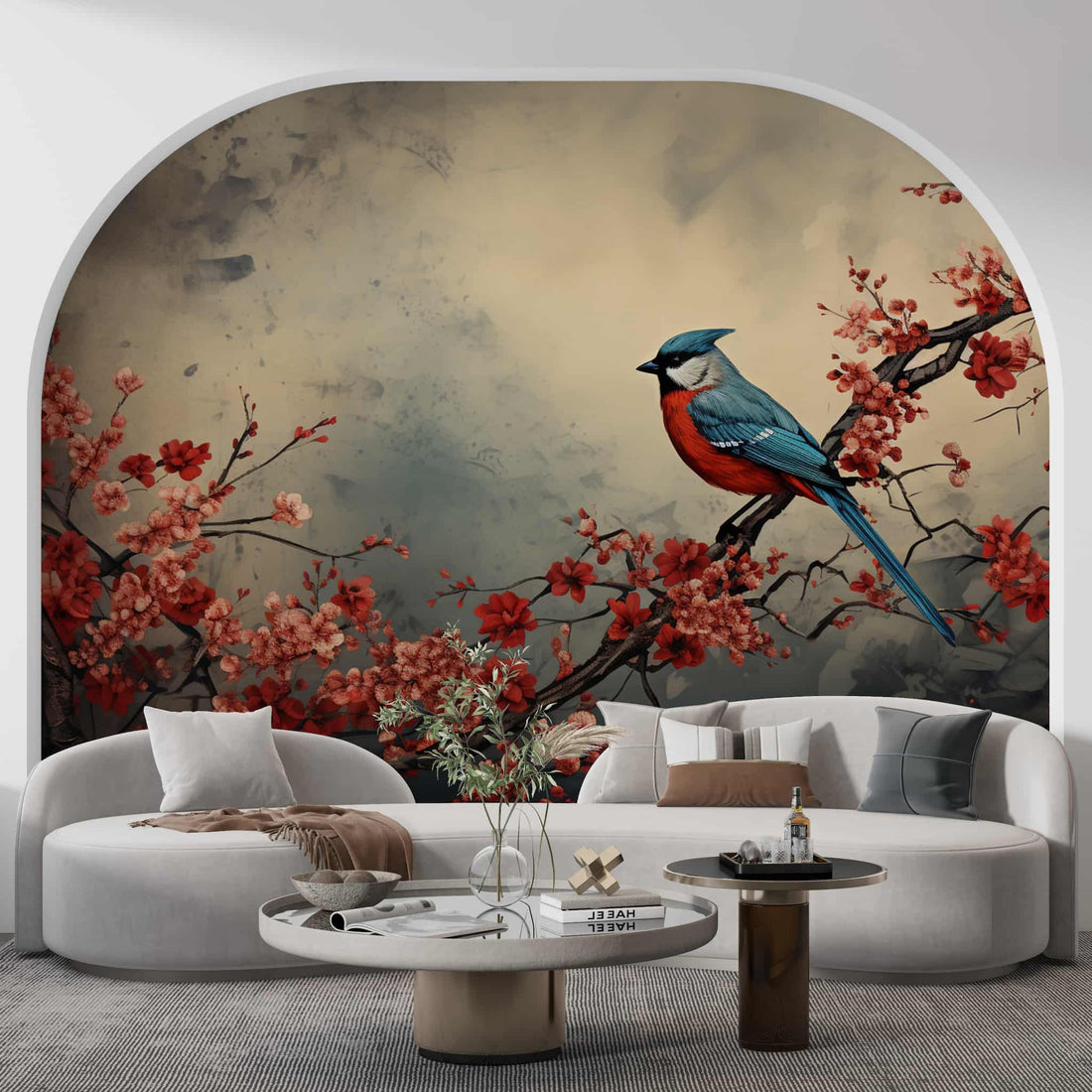 Red Floral Wallpaper, Bird Tree Wall Mural, Vintage Wallpaper YF-02538