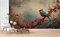 Red Floral Wallpaper, Bird Tree Wall Mural, Vintage Wallpaper YF-02538