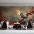 Red Floral Wallpaper, Bird Tree Wall Mural, Vintage Wallpaper YF-02538