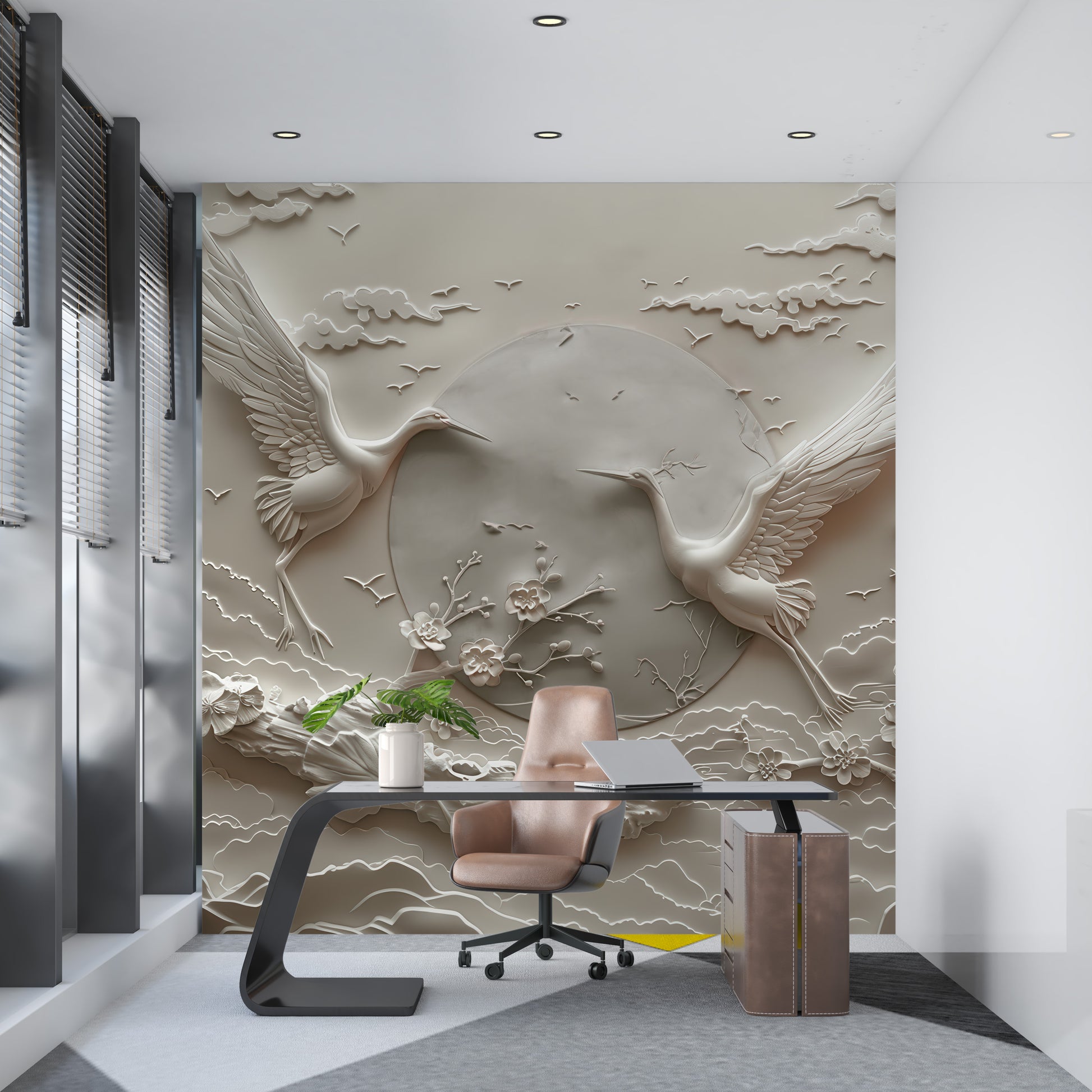 Relief Crane Wallpaper Birds Embossed Wallpaper YH-30015