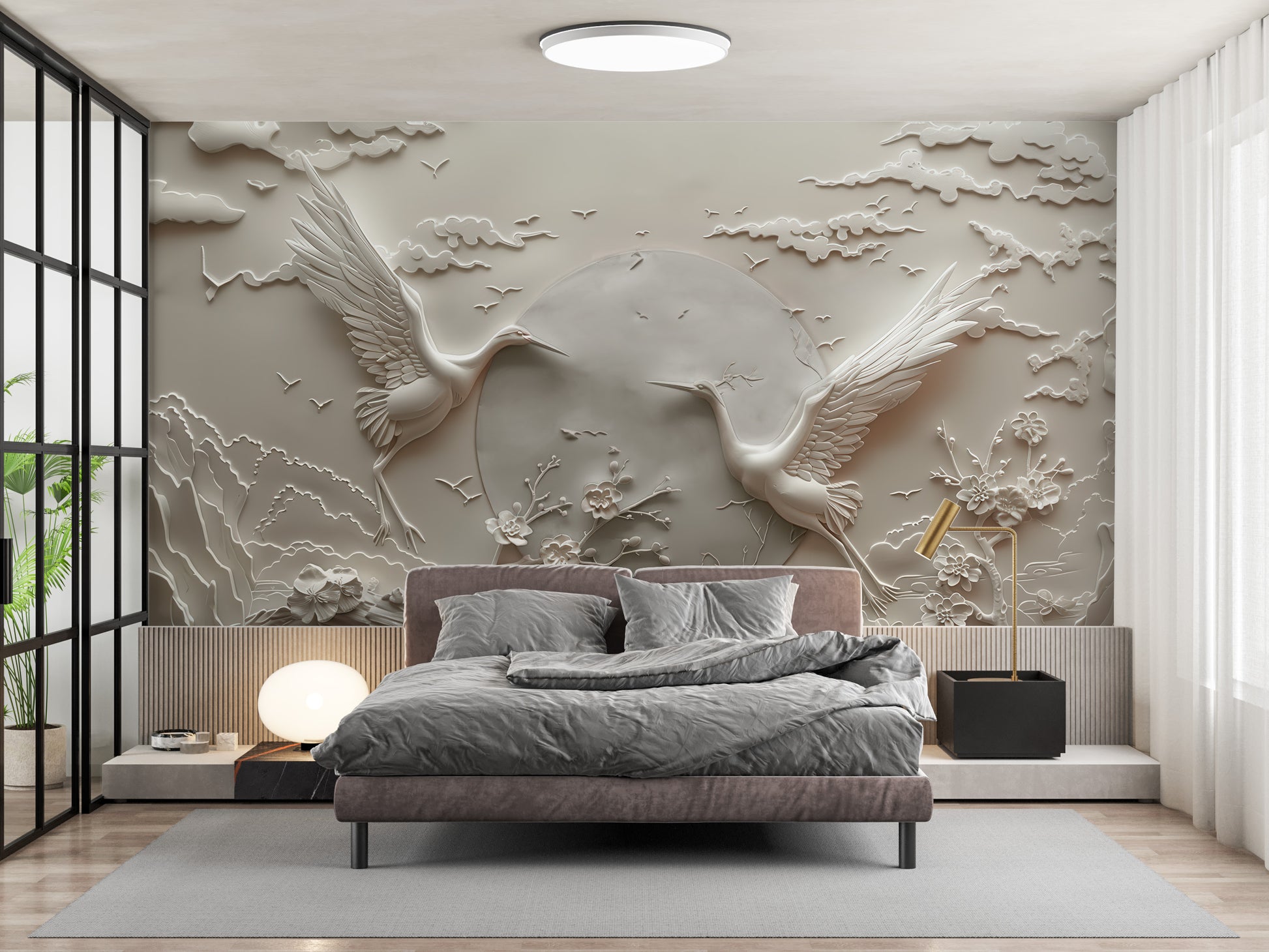 Relief Crane Wallpaper Birds Embossed Wallpaper YH-30015
