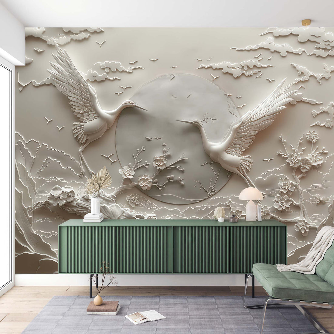 wallpaper peel and stick Relief Crane Wallpaper | Birds Embossed Wallpaper YH-30015