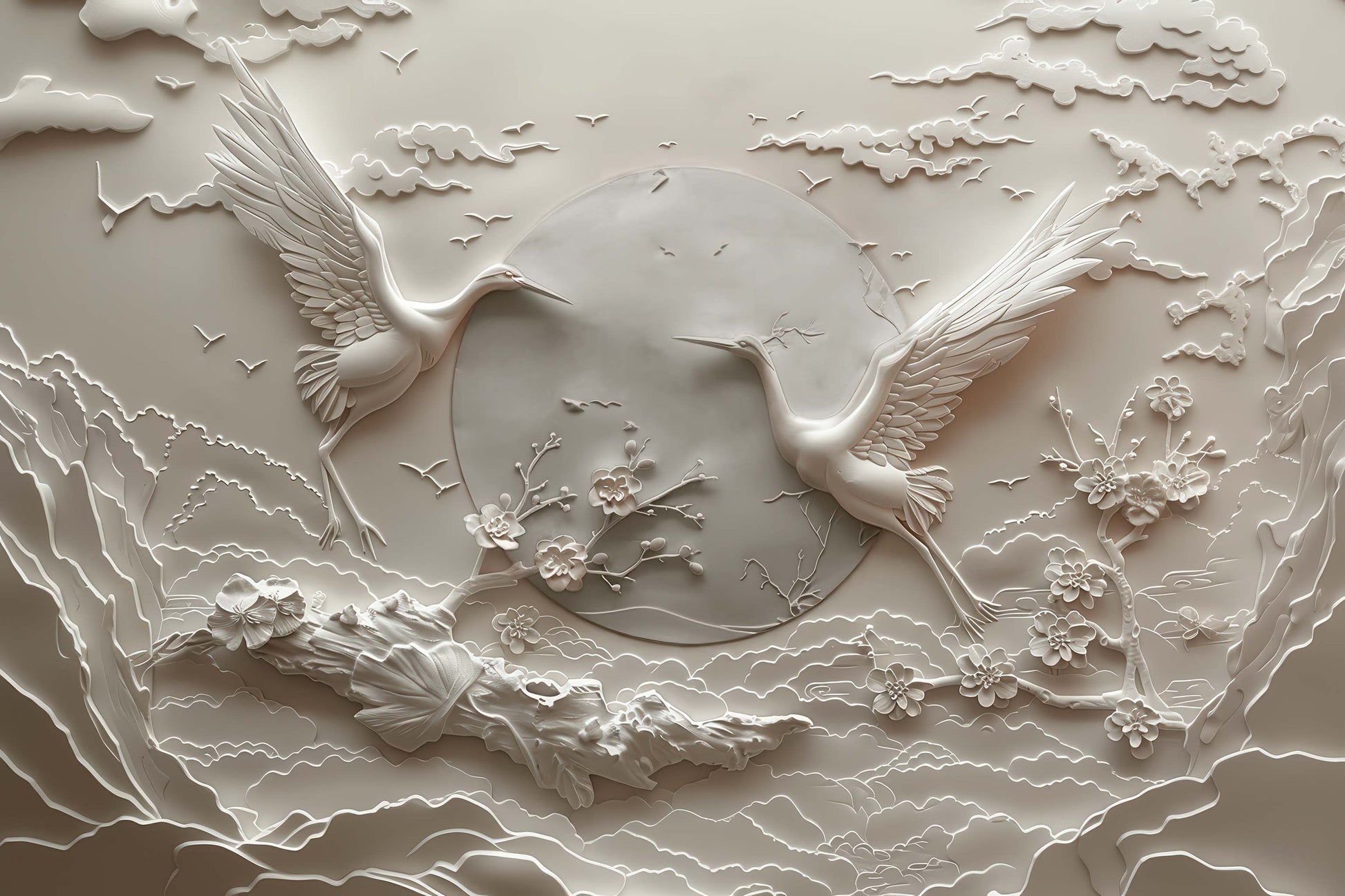 Relief Crane Wallpaper | Birds Embossed Wallpaper YH-30015