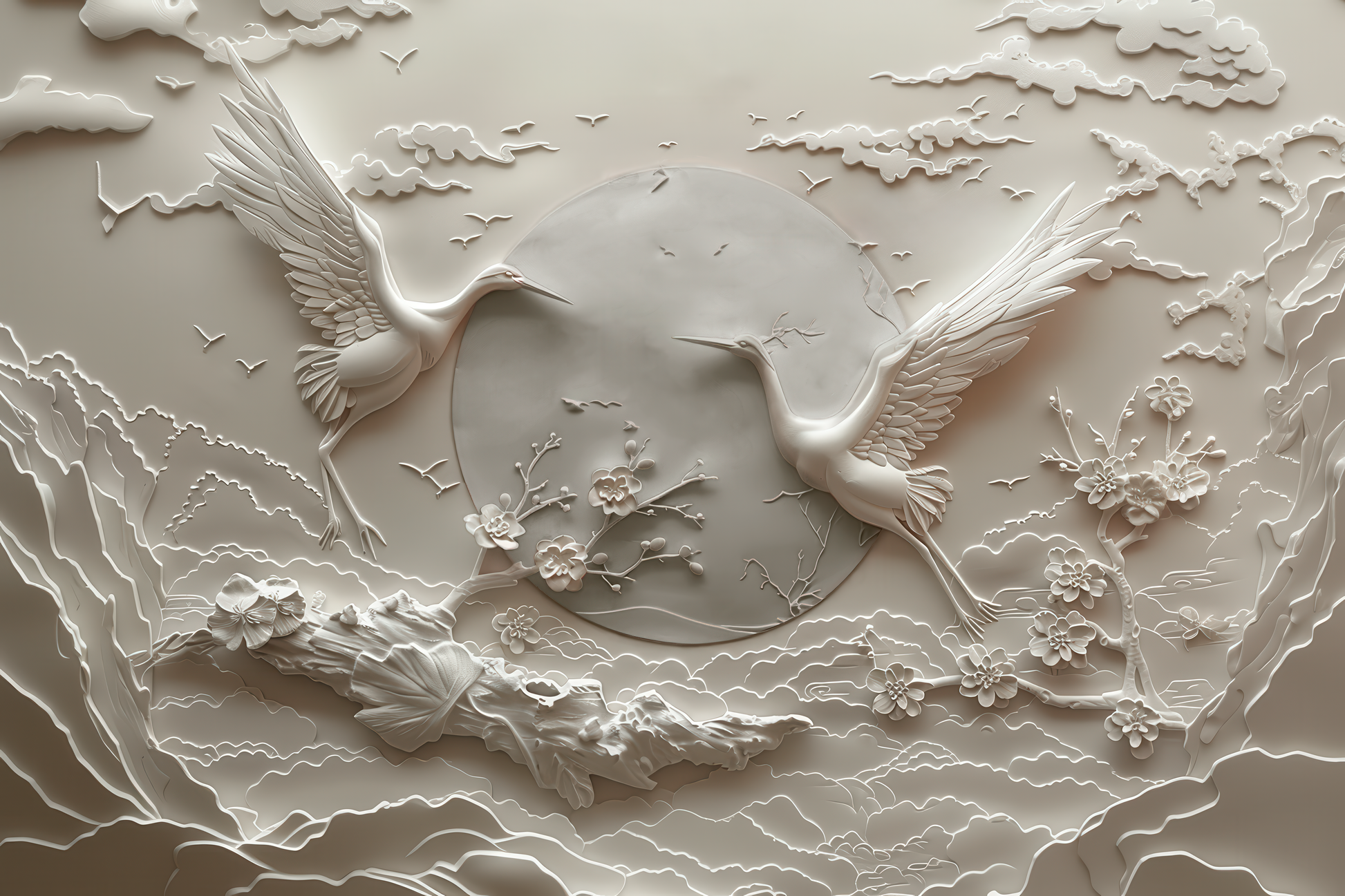 Relief Crane Wallpaper Birds Embossed Wallpaper YH-30015