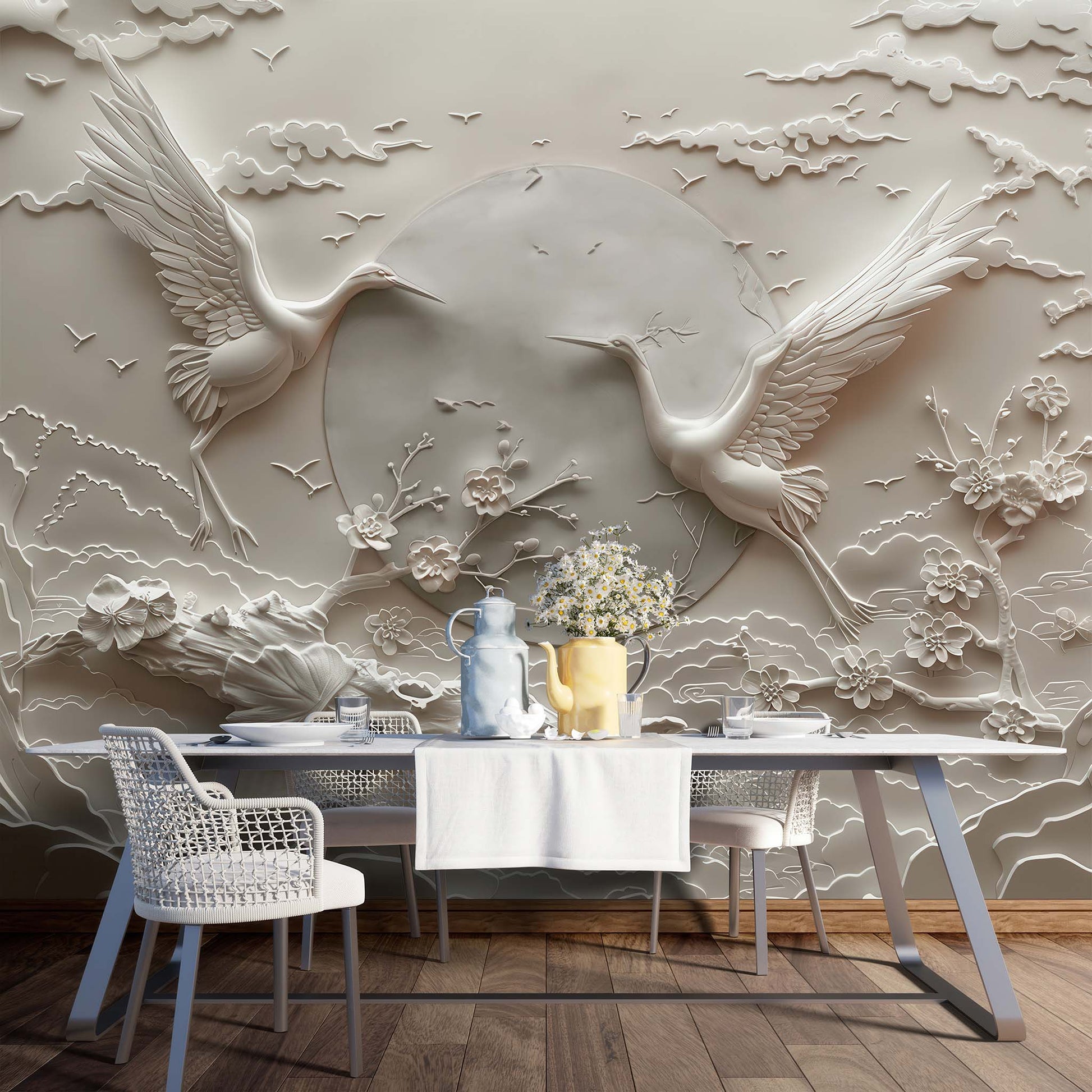 wallpaper peel and stick Relief Crane Wallpaper | Birds Embossed Wallpaper YH-30015