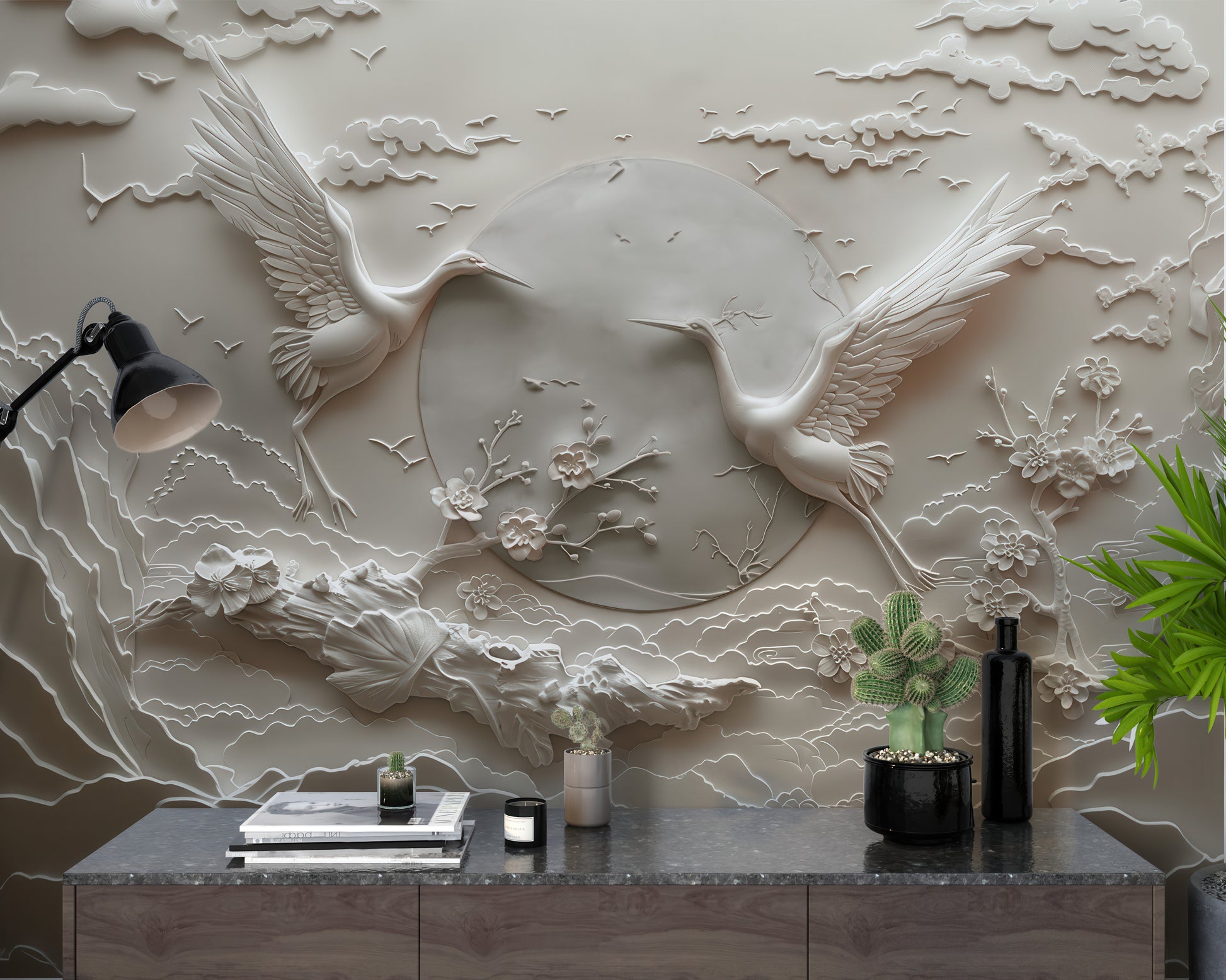 Relief Crane Wallpaper Birds Embossed Wallpaper YH-30015