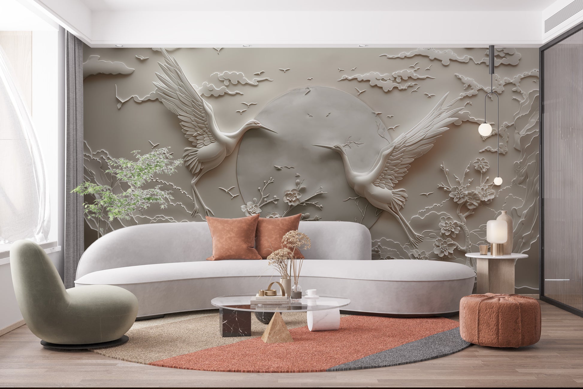 Relief Crane Wallpaper Birds Embossed Wallpaper YH-30015