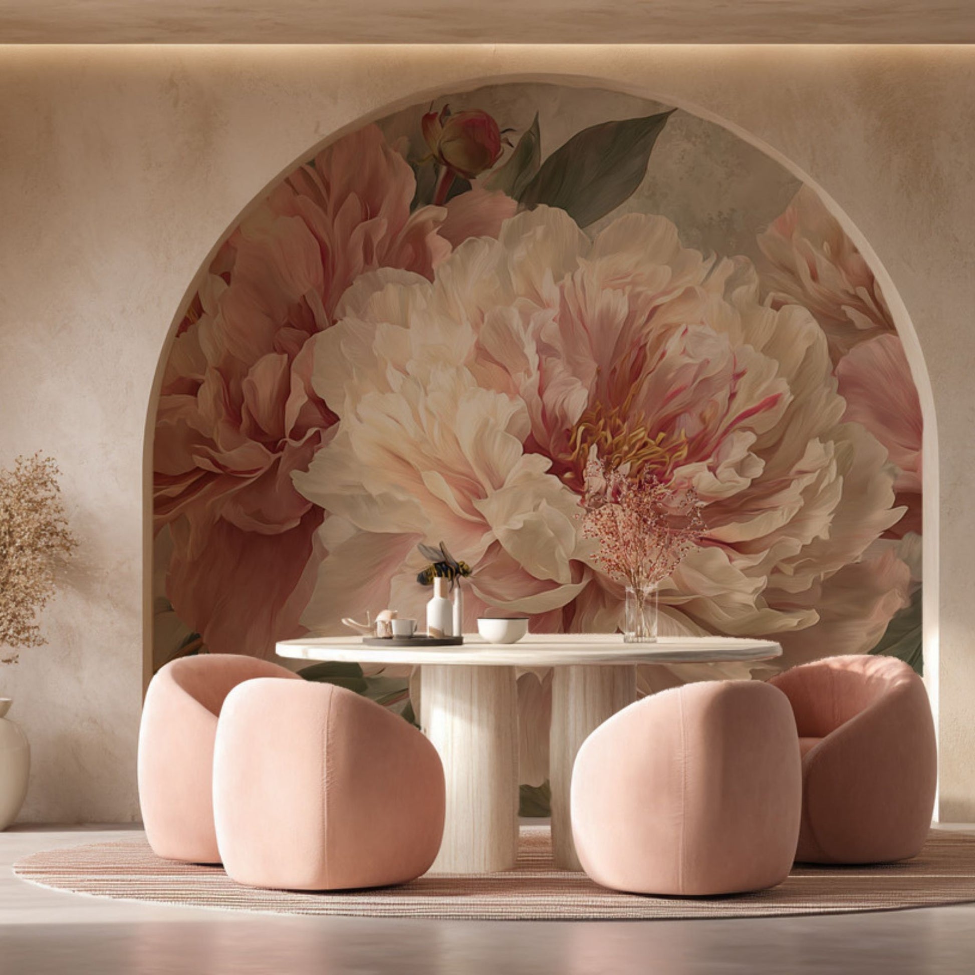 Romantic Pink Peony Wallpaper Botanical Floral Wall Mural for Elegant Interiors YF-06038