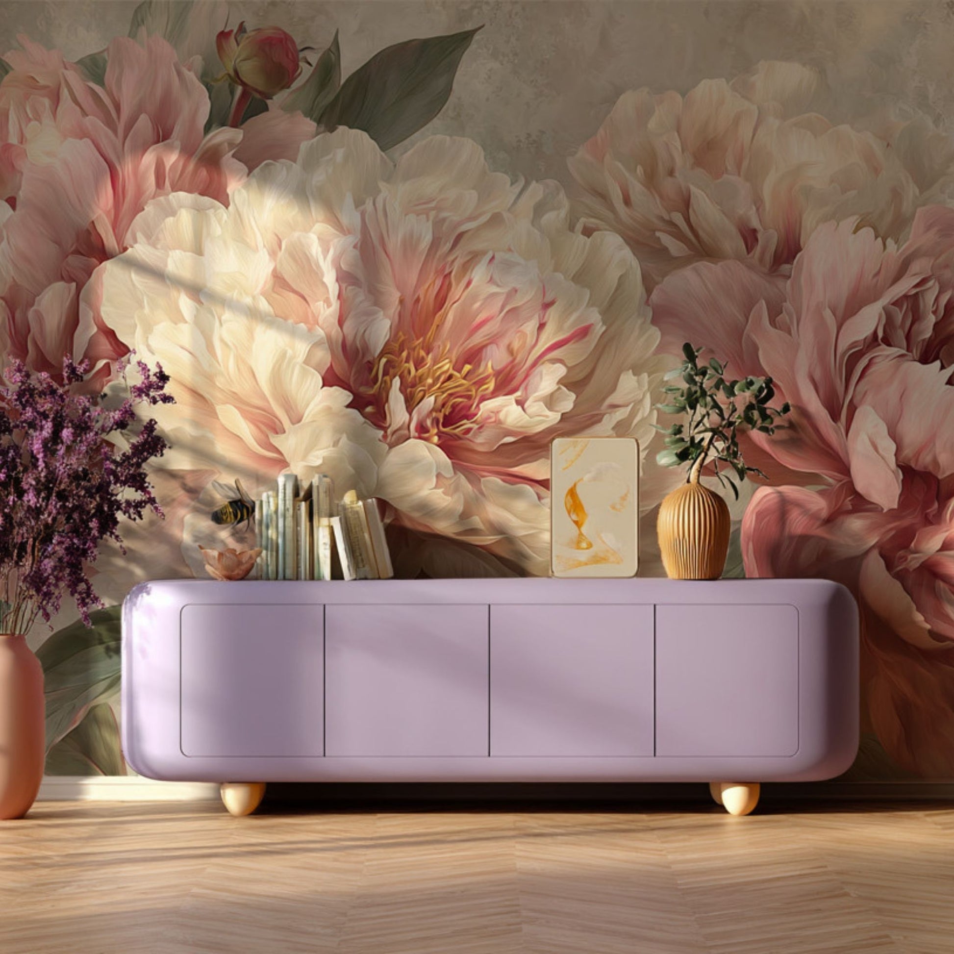 Romantic Pink Peony Wallpaper Botanical Floral Wall Mural for Elegant Interiors YF-06038