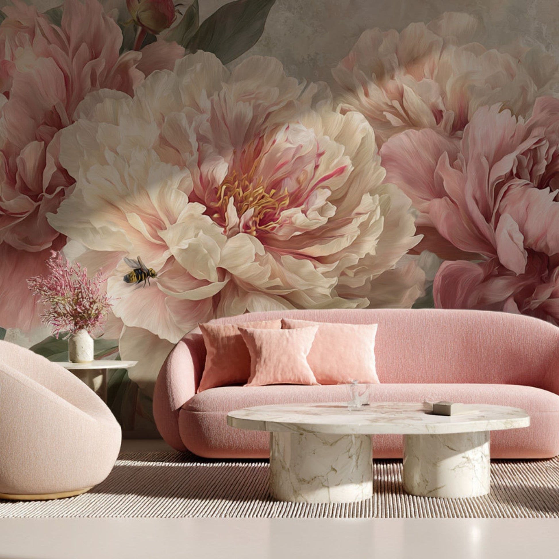 Romantic Pink Peony Wallpaper Botanical Floral Wall Mural for Elegant Interiors YF-06038