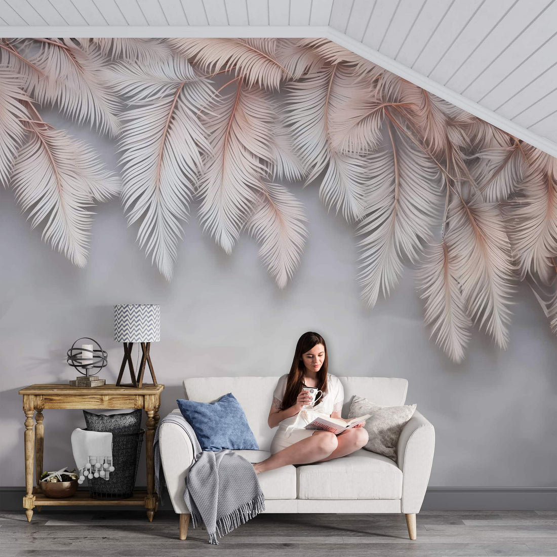 Rose Beige Feather Wallpaper | Elegant Feather Design for Modern Interiors