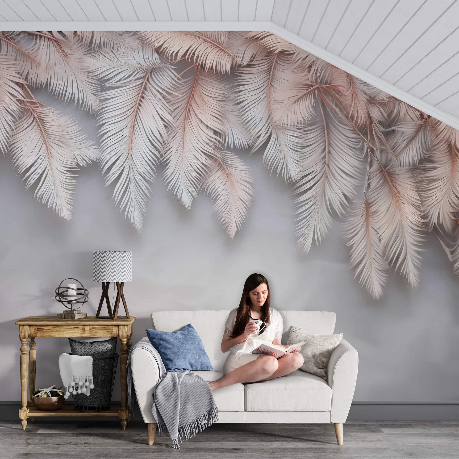 Rose Beige Feather Wallpaper | Elegant Feather Design for Modern Interiors
