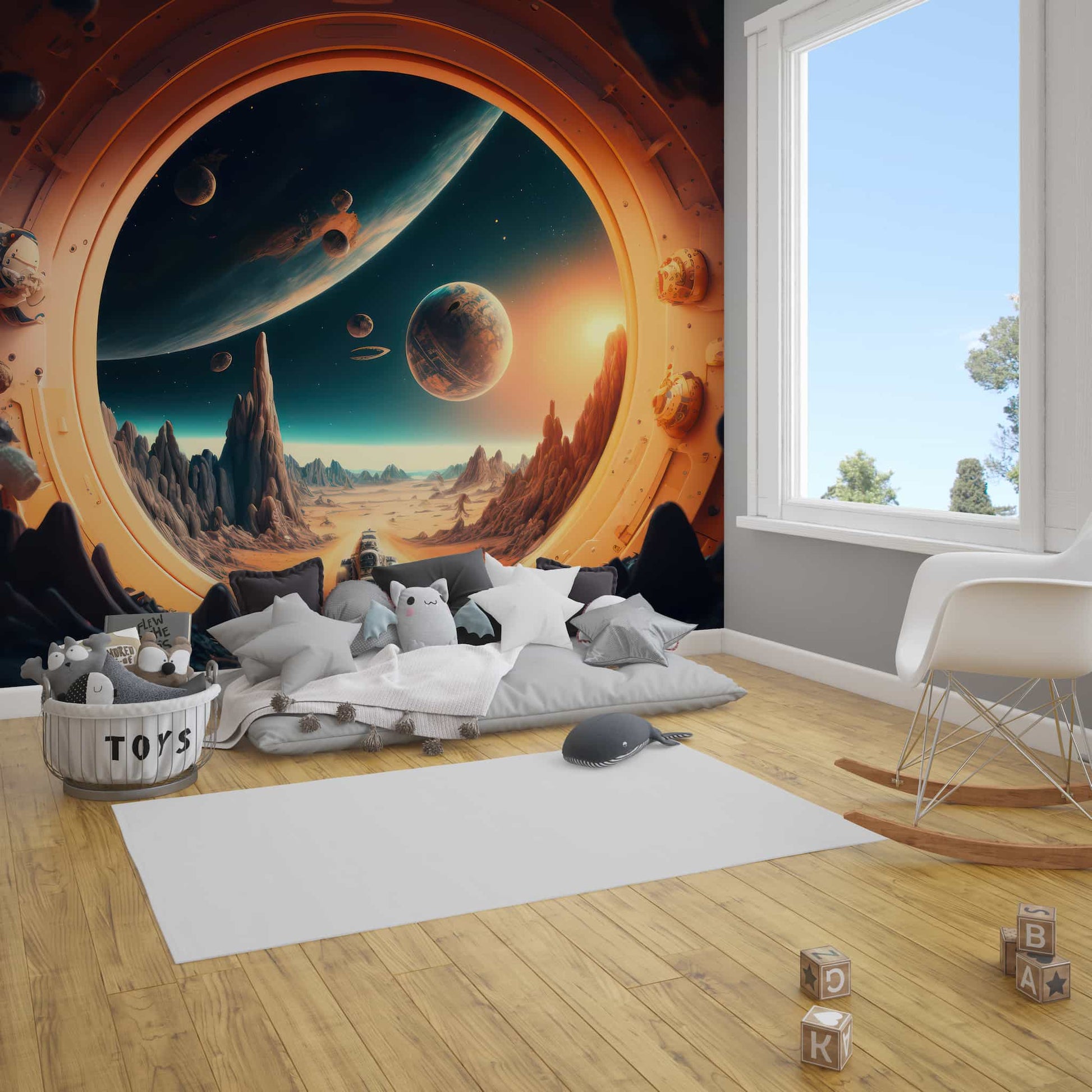 Sci-Fi Space Wallpaper, 3D Sun and Planet Landscape Decal YCO-00219