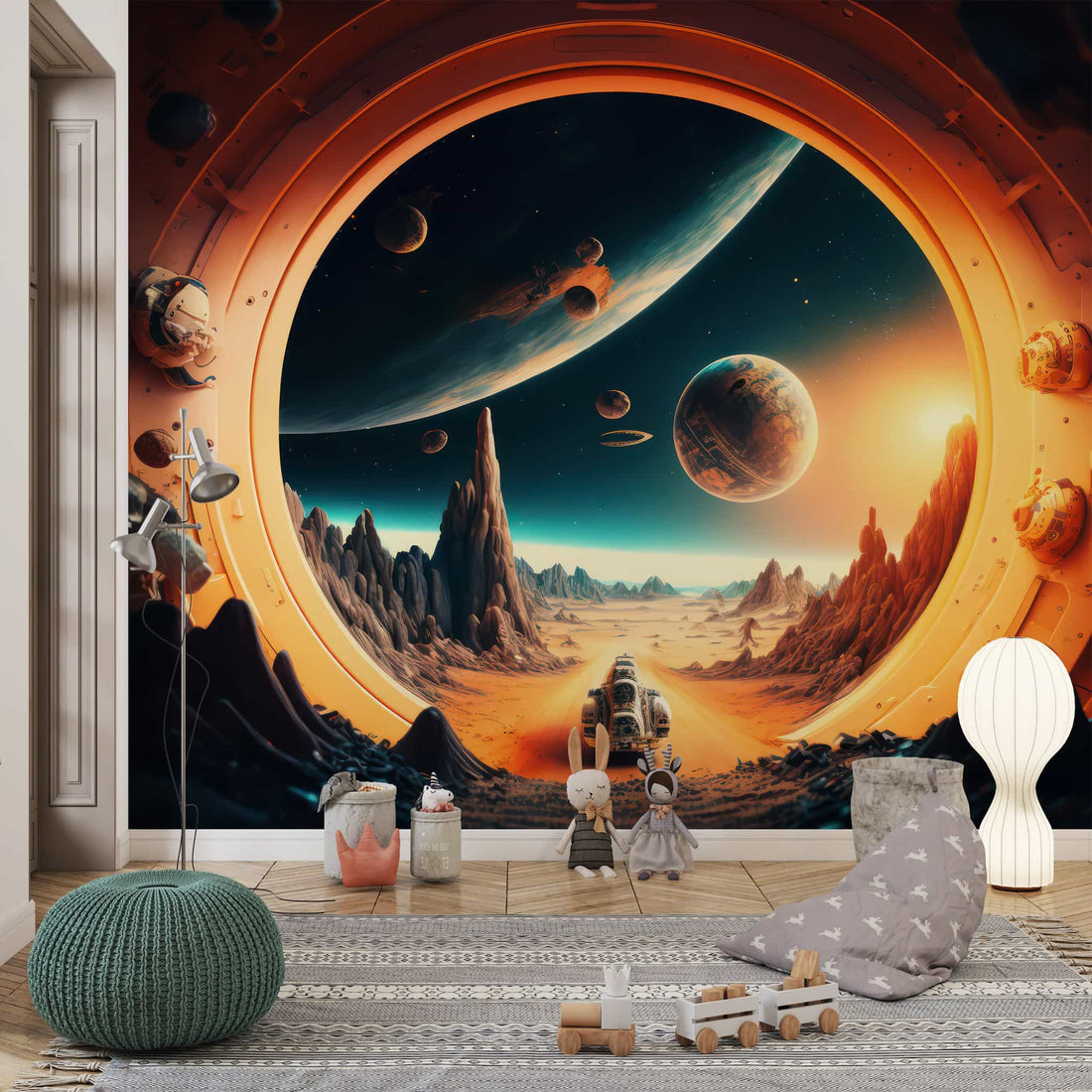 Sci-Fi Space Wallpaper, 3D Sun and Planet Landscape Decal YCO-00219