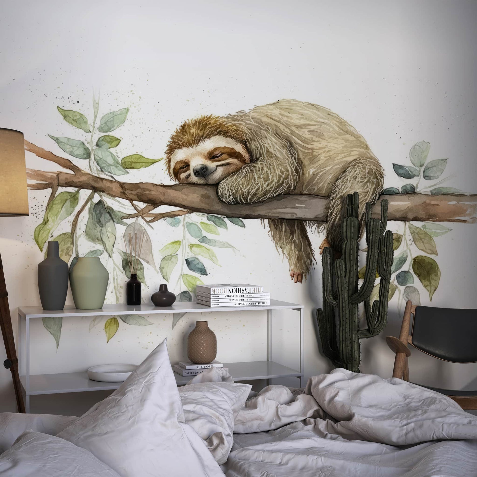 Sleeping Sloth Wallpaper | Watercolor Animal Wall Mural YH-00828