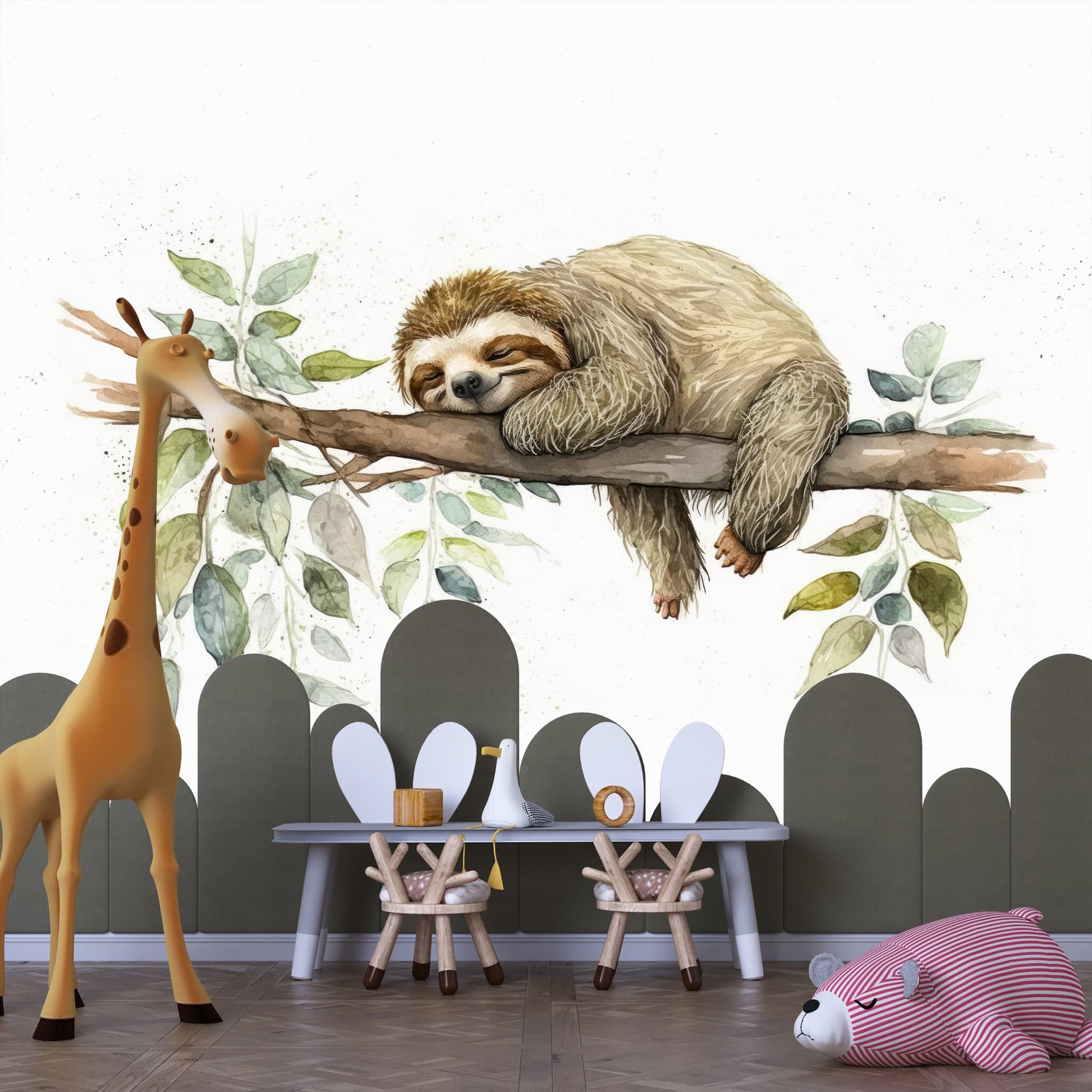 Sleeping Sloth Wallpaper | Watercolor Animal Wall Mural YH-00828