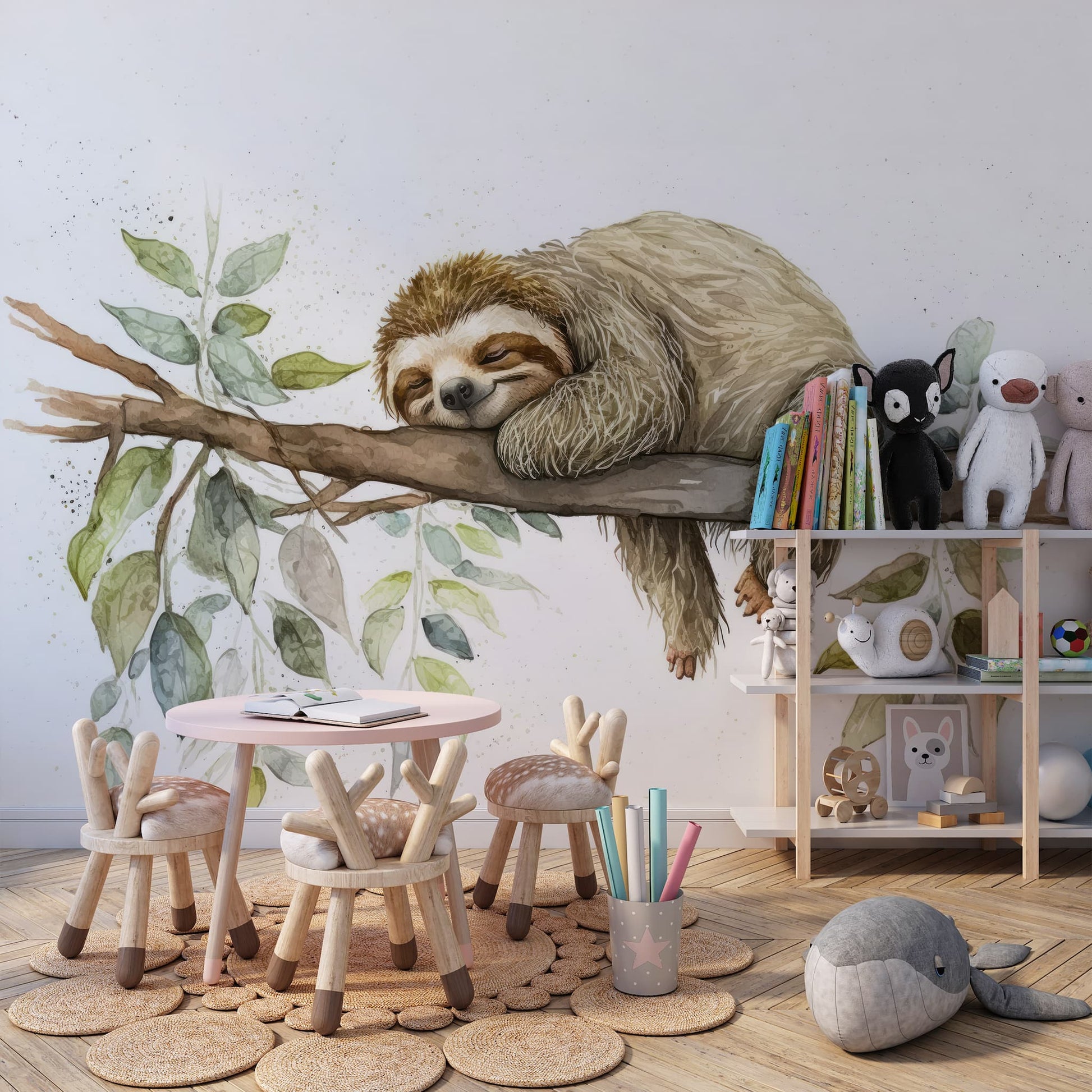 Sleeping Sloth Wallpaper | Watercolor Animal Wall Mural YH-00828