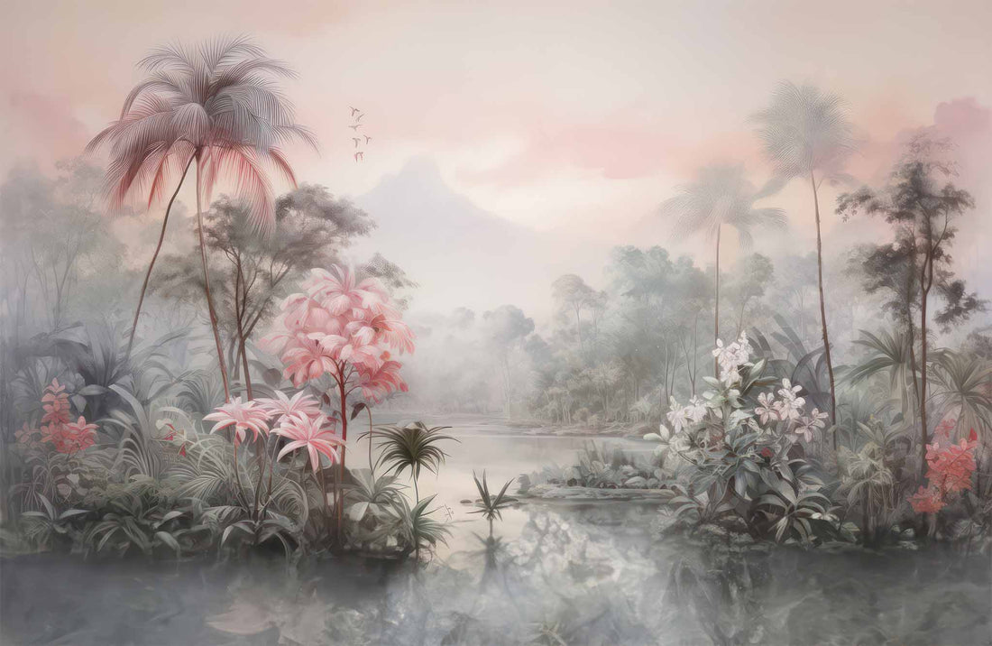 Soft Pink Palm Trees Wallpaper, Tropical Jungle Wall Decal YD-02381