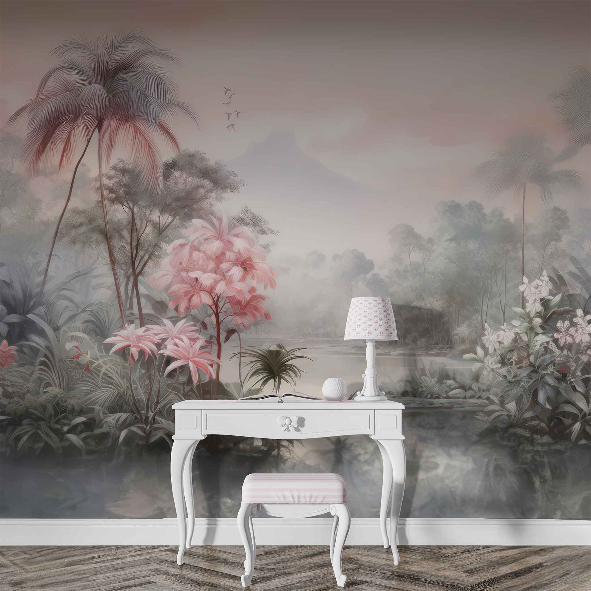 Soft Pink Palm Trees Wallpaper, Tropical Jungle Wall Decal YD-02381
