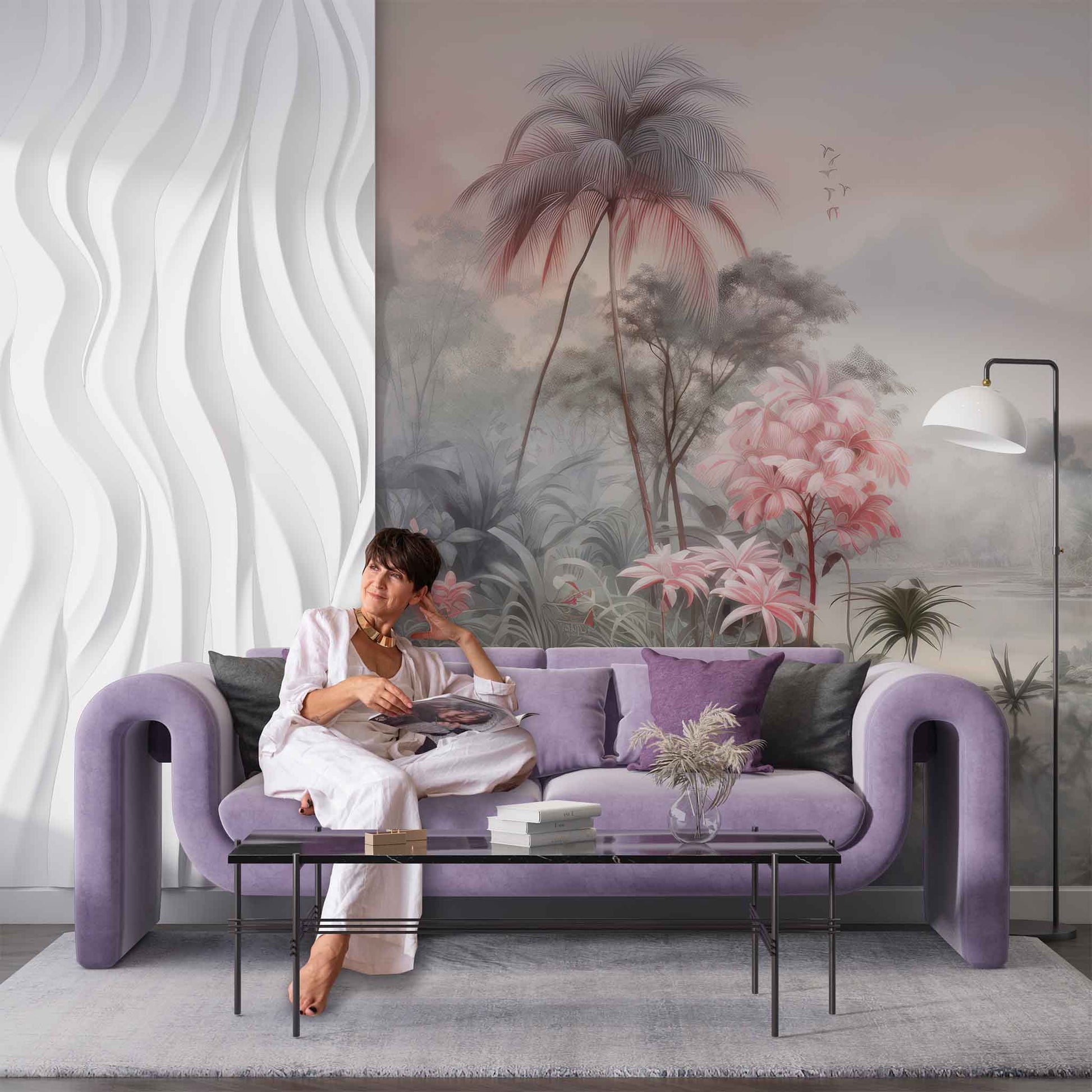 Soft Pink Palm Trees Wallpaper, Tropical Jungle Wall Decal YD-02381