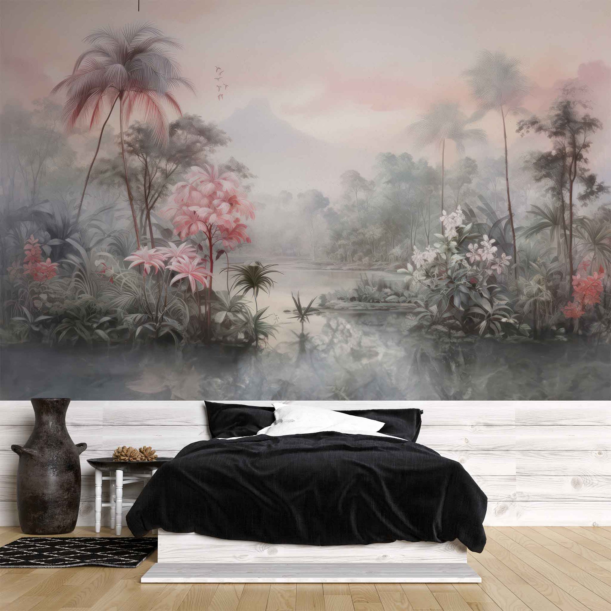 Soft Pink Palm Trees Wallpaper, Tropical Jungle Wall Decal YD-02381