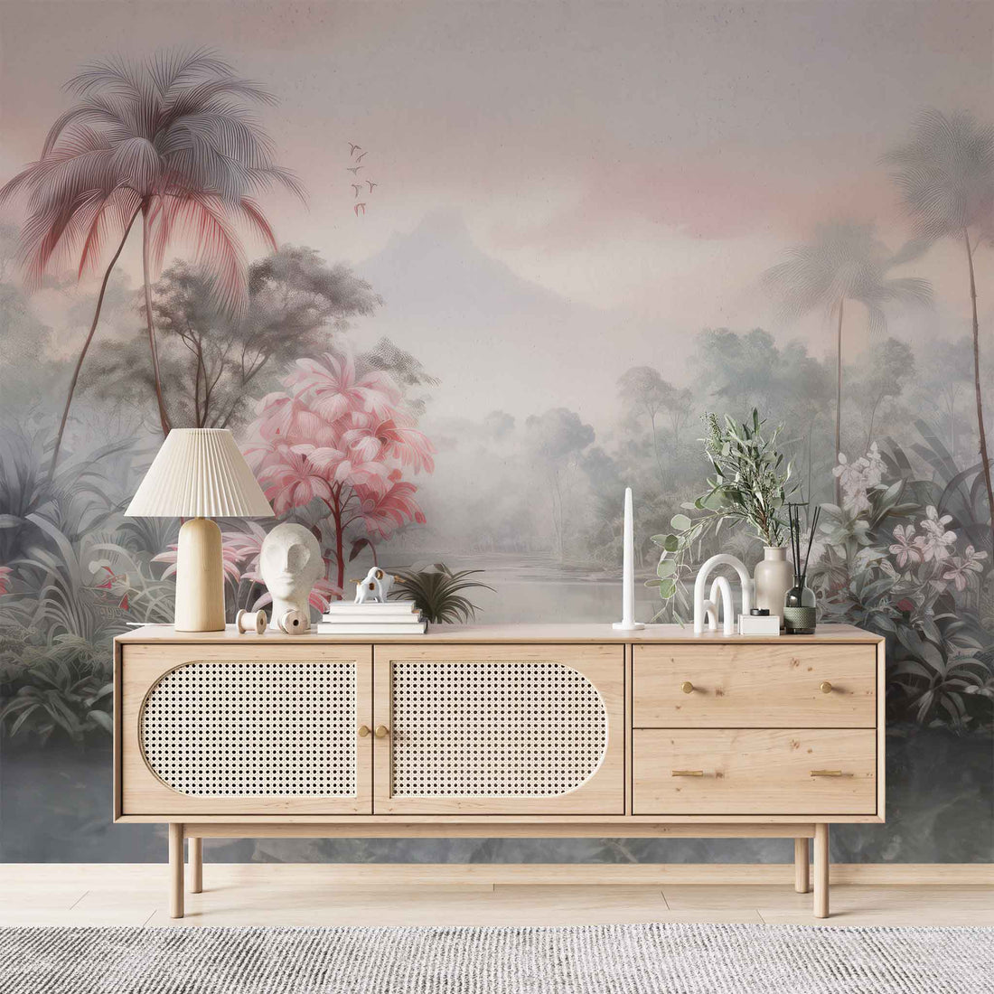Soft Pink Palm Trees Wallpaper, Tropical Jungle Wall Decal YD-02381
