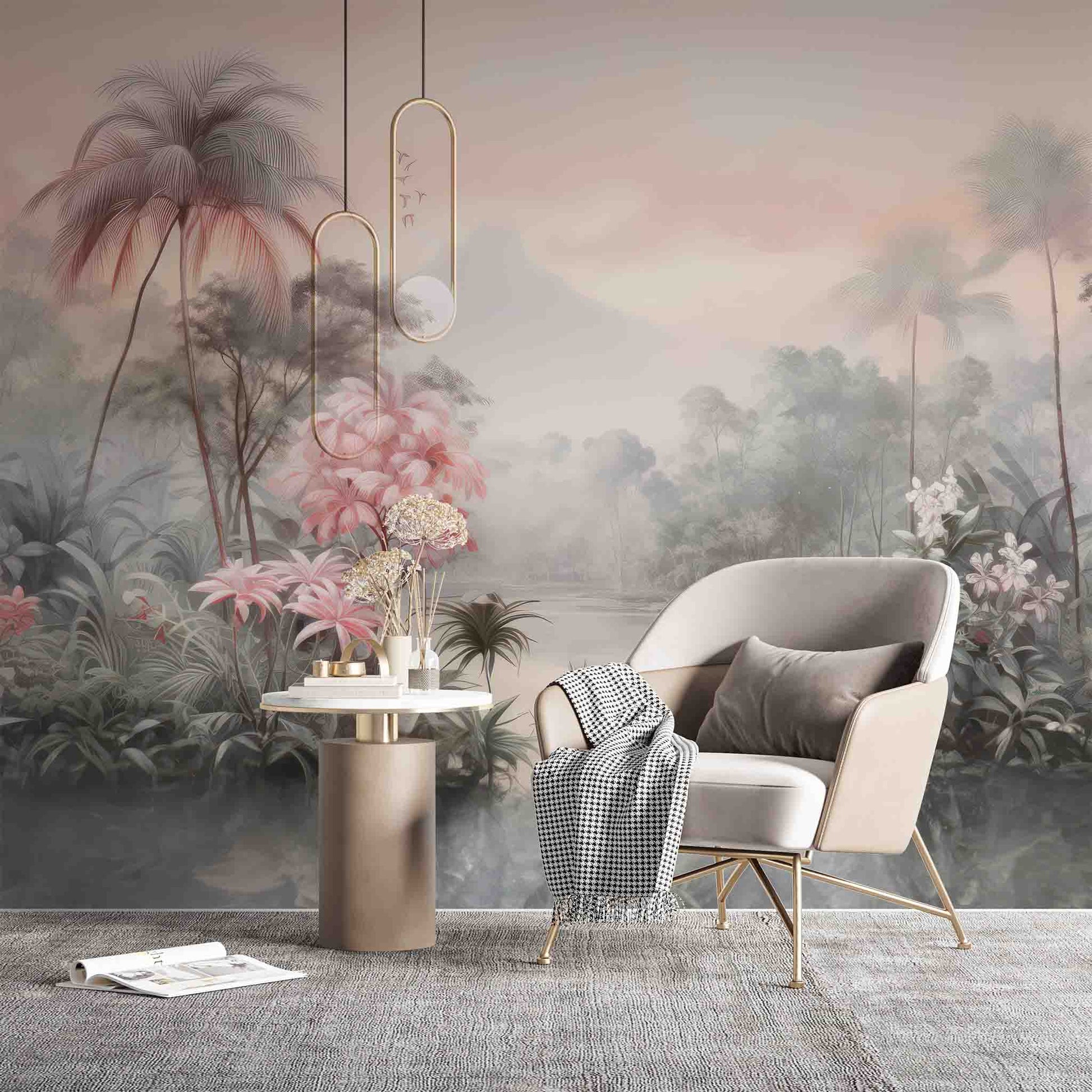 Soft Pink Palm Trees Wallpaper, Tropical Jungle Wall Decal YD-02381
