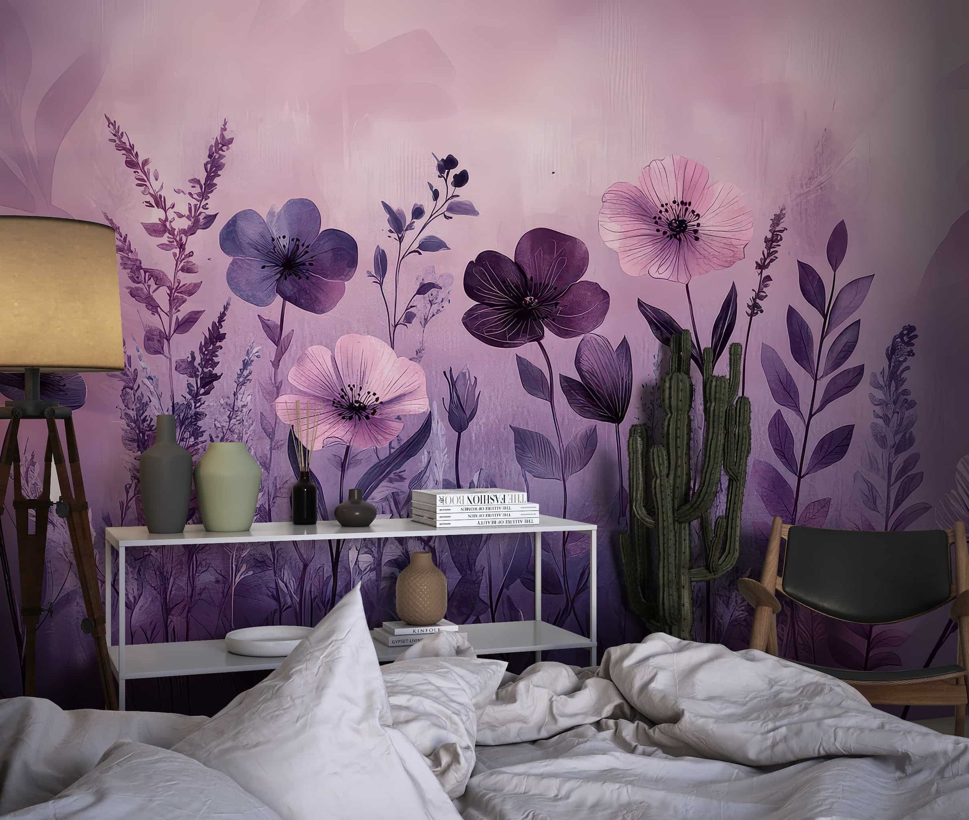 Soft Purple Floral Wallpaper with Watercolor Leaves  Removable Wall Decal YF-05067