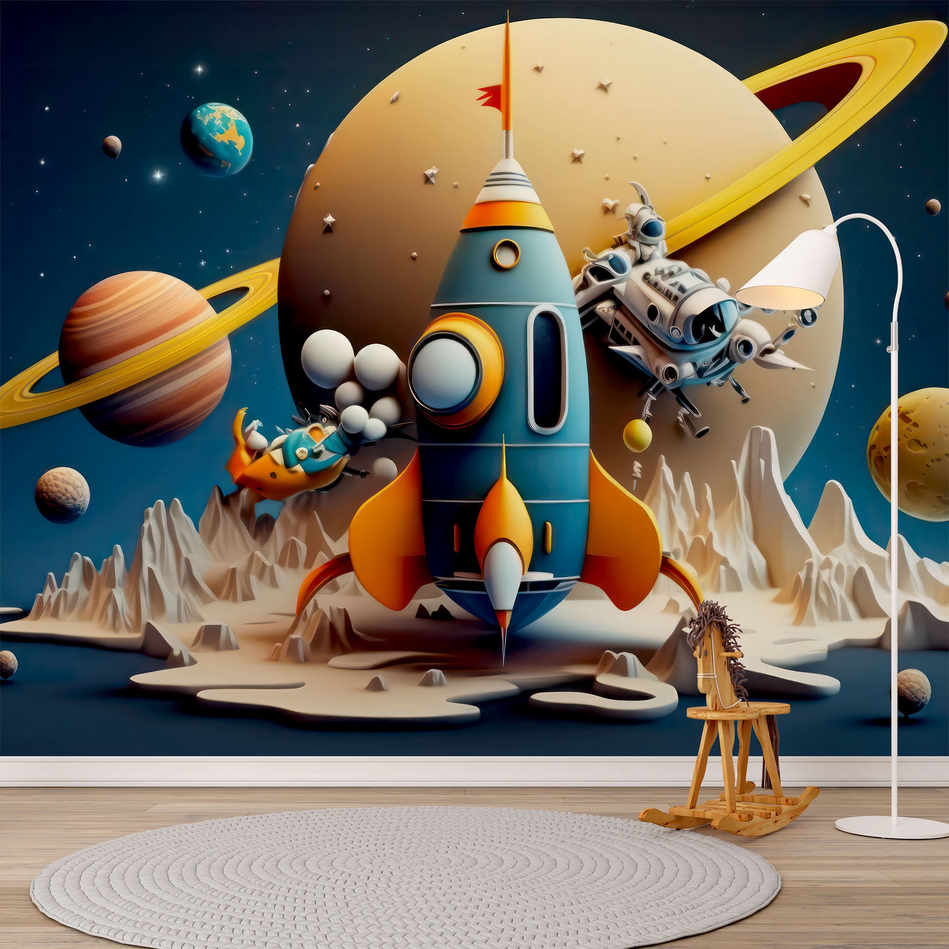 Space Rocket and Planets Wallpaper | Saturn Wall Mural YCO-00206