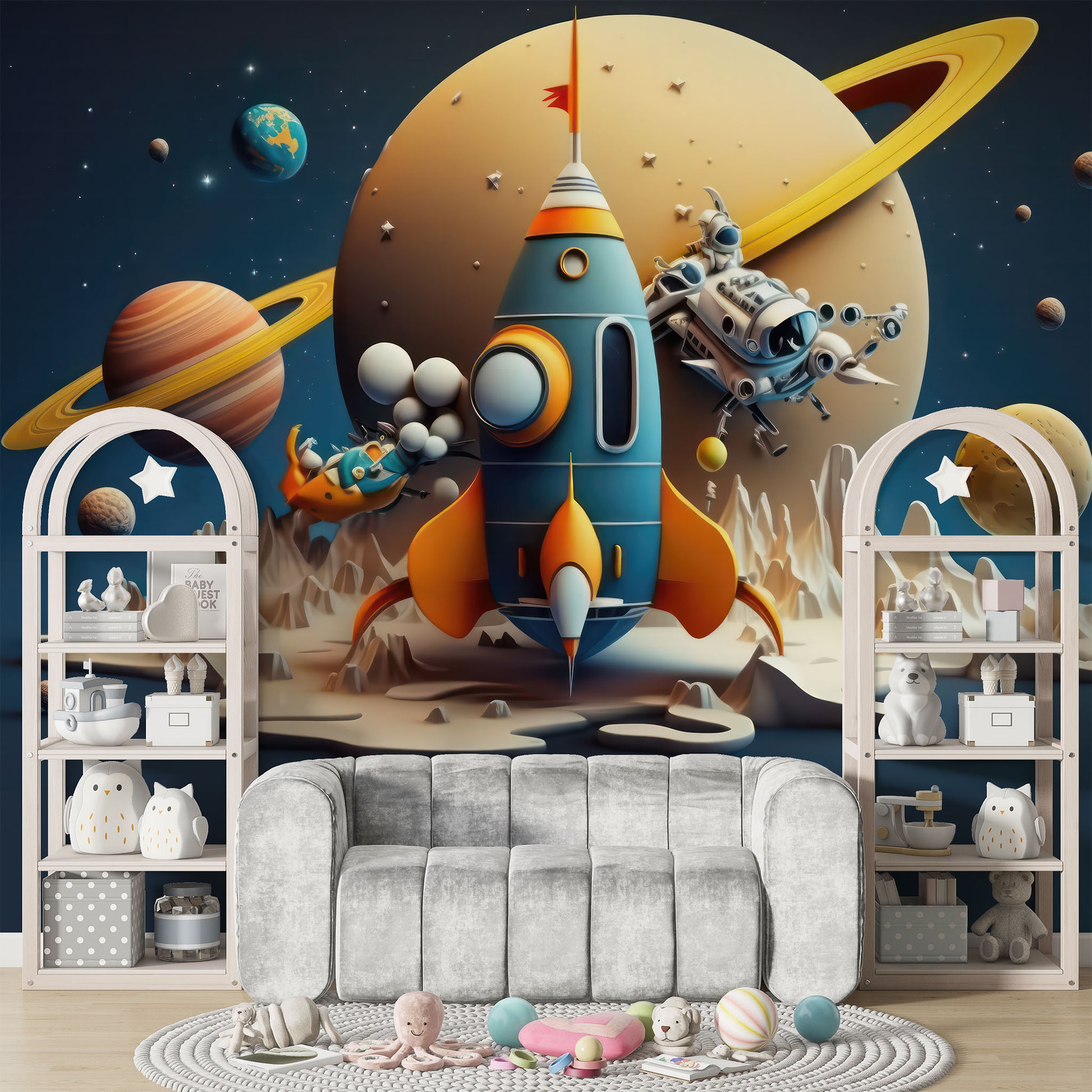 Space Rocket and Planets Wallpaper | Saturn Wall Mural YCO-00206