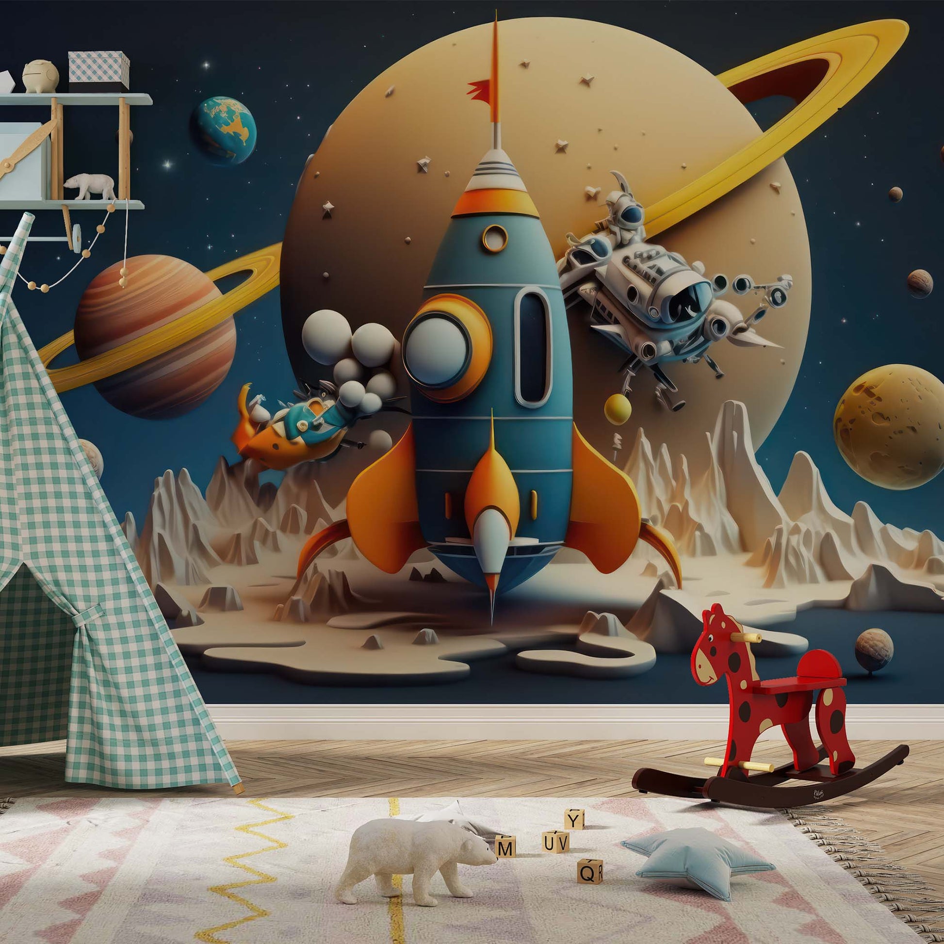 Space Rocket and Planets Wallpaper | Saturn Wall Mural YCO-00206