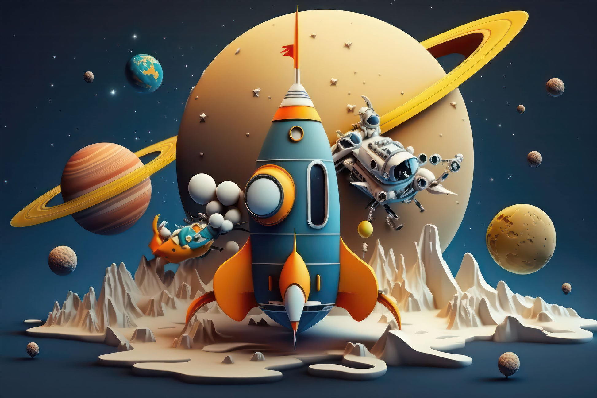 Space Rocket and Planets Wallpaper | Saturn Wall Mural YCO-00206