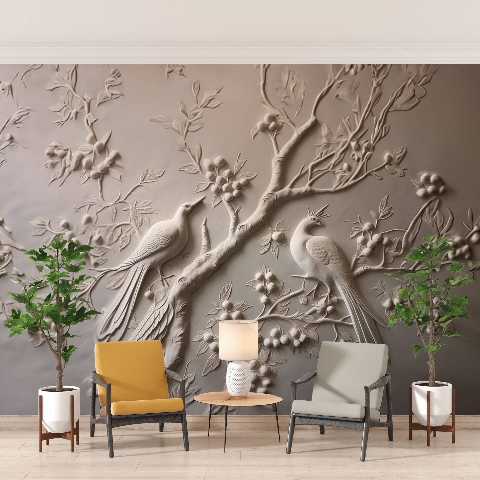 Tree and Birds Relief Wallpaper | Animal Wallpaper