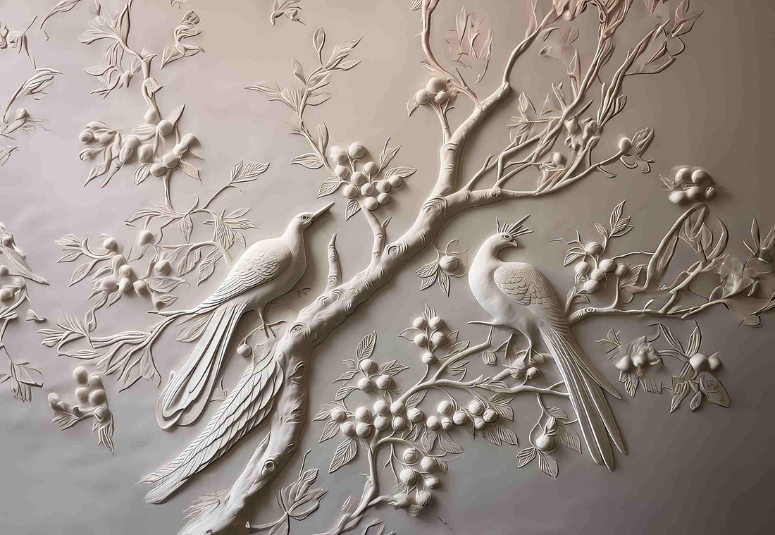 wallpaper peel and stick Tree and Birds Relief Wallpaper | Embossed Wallpaper