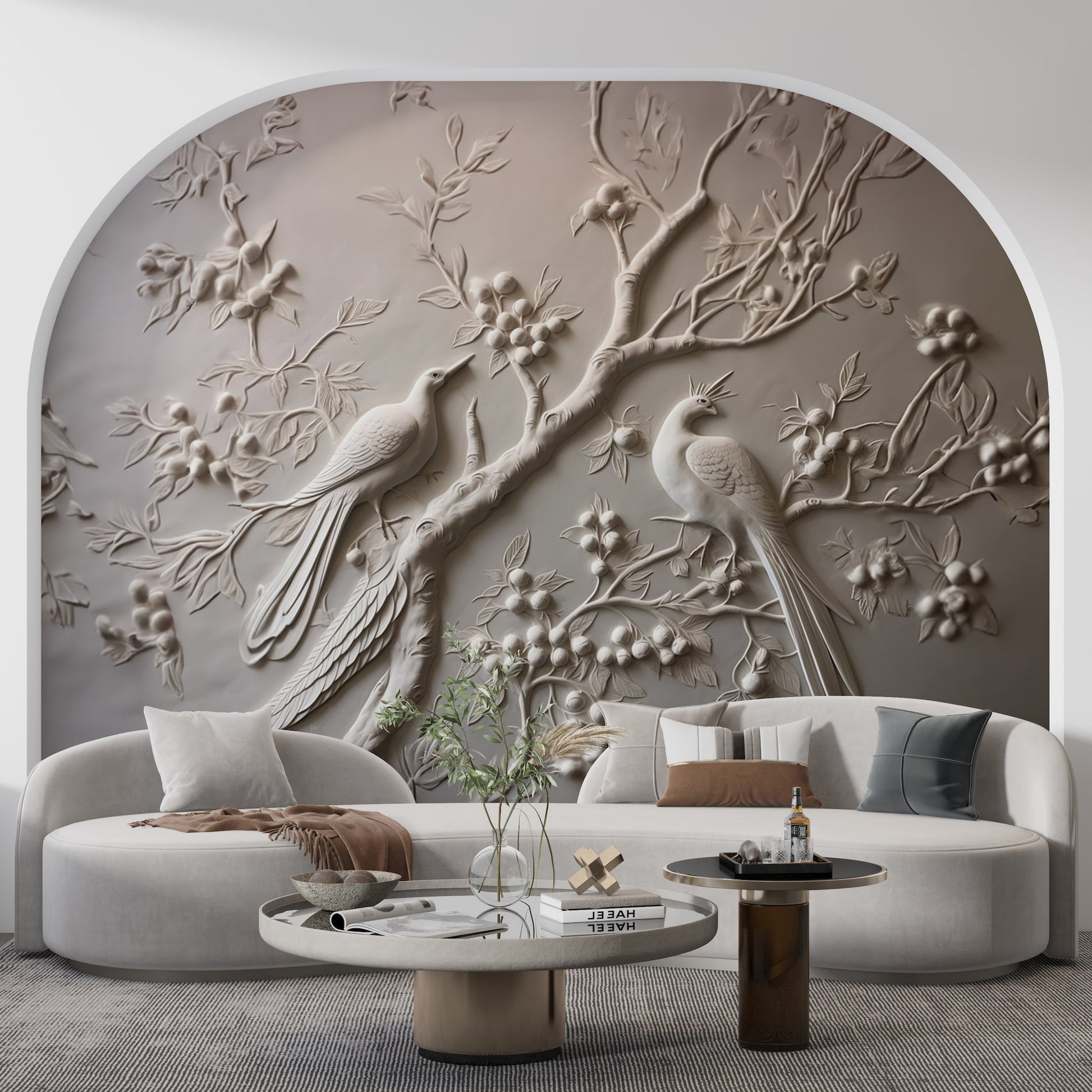 Tree and Birds Relief Wallpaper | Animal Wallpaper wallpaper peel and stick