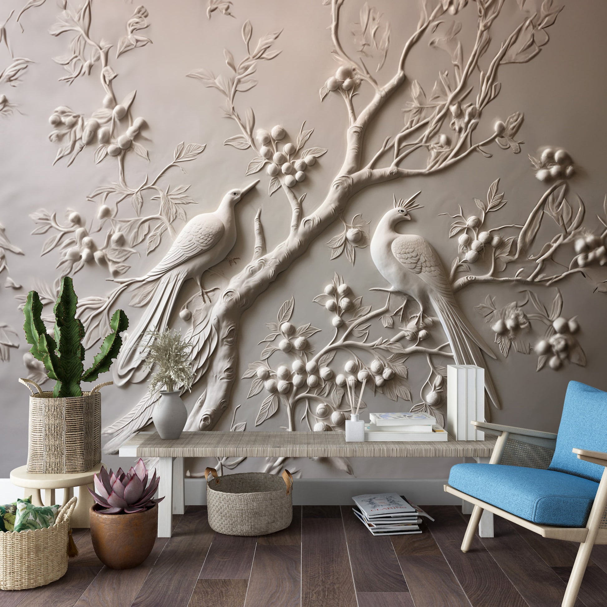 Tree and Birds Relief Wallpaper | Animal Wallpaper peel and stick