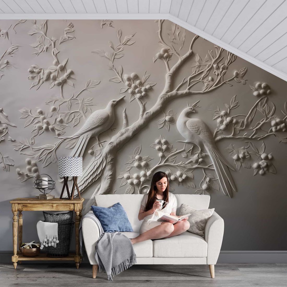 wallpaper peel and stick Tree and Birds Relief Wallpaper | Embossed Wallpaper