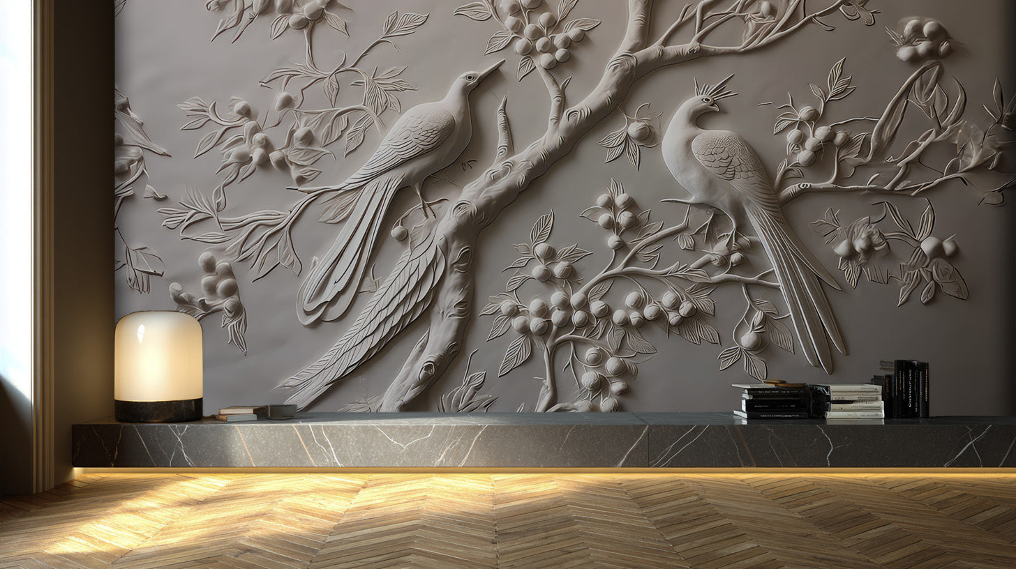 Tree and Birds Relief Wallpaper | Animal Wallpaper