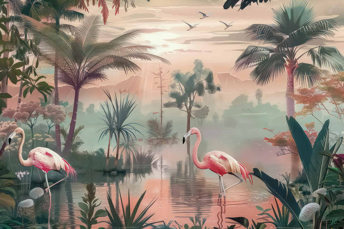 Tropical Flowers and Cranes Wallpaper, Floral Wall Mural YH-02539