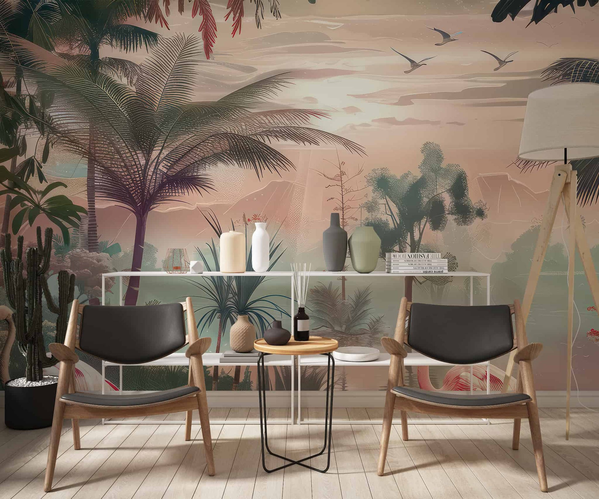 Tropical Flowers and Cranes Wallpaper, Floral Wall Mural YH-02539