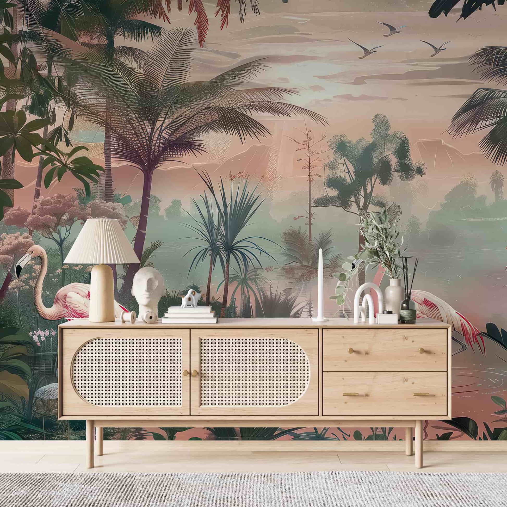 Tropical Flowers and Cranes Wallpaper, Floral Wall Mural YH-02539